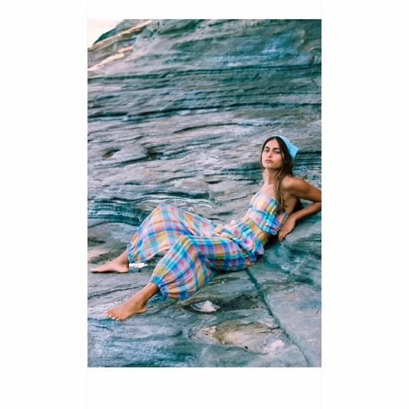 Free People Ticket To Paradise Multicolor Plaid Balloon Beach Pants - Picture 14 of 14